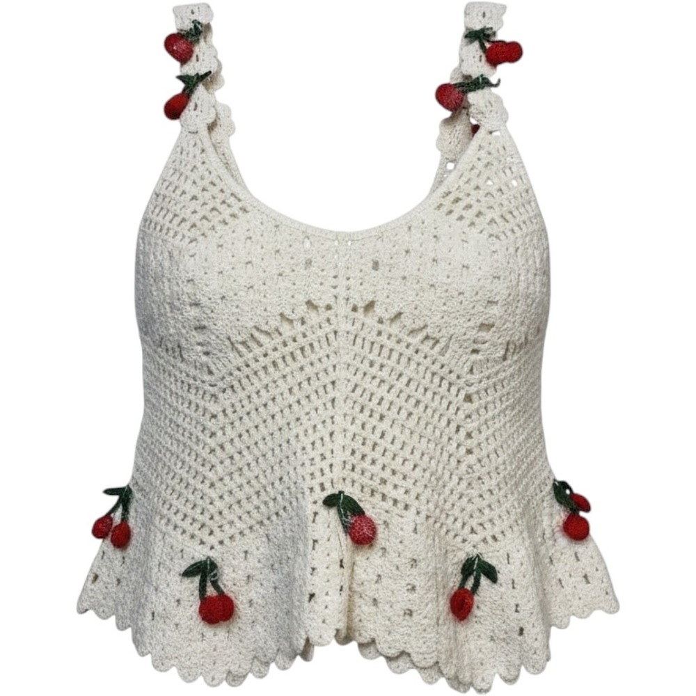 Rebellion Again Y2K Top Ivory Crochet Open Knit Cherry Applique Size S Festival